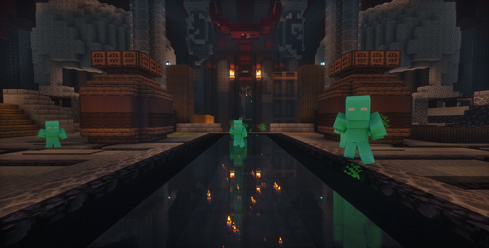Glowing golems guarding a torch-lit underground dungeon hall