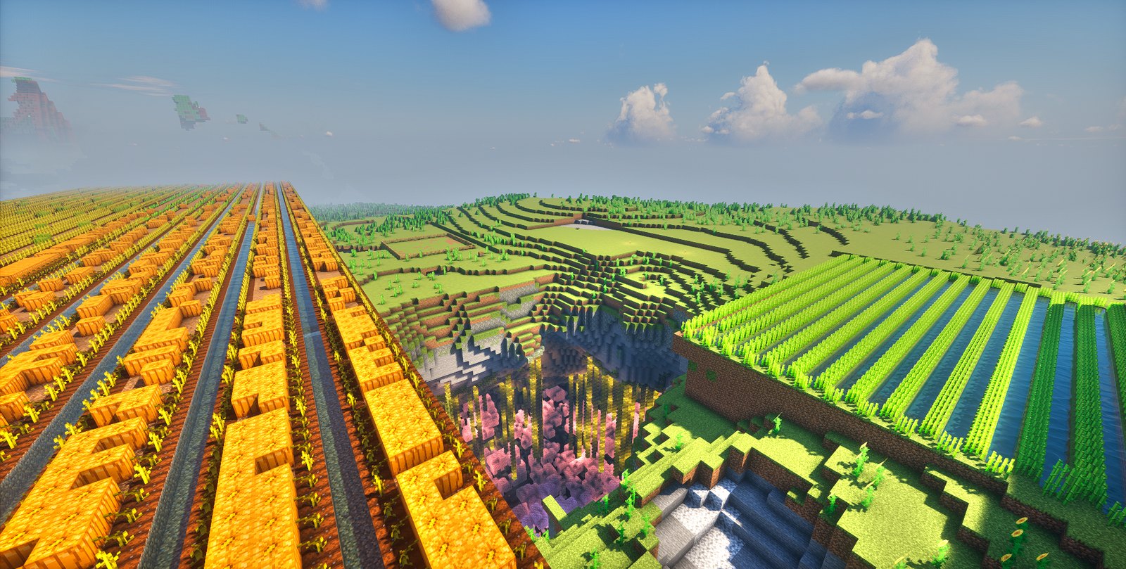 Rows of pumpkin and wheat farms stretching across terraced hills