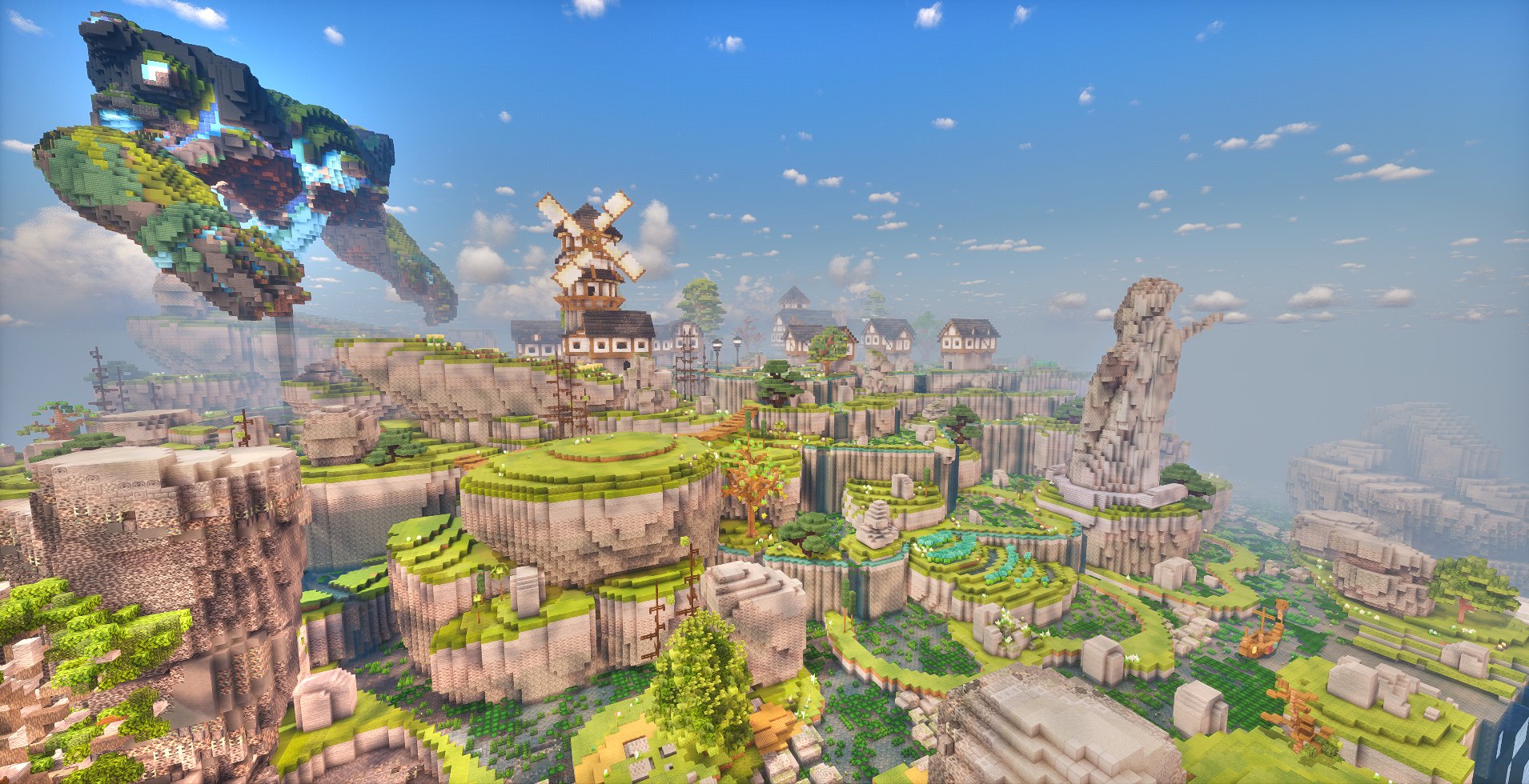 SkyMata spawn: a windmill and cottages on floating islands above green cliffs